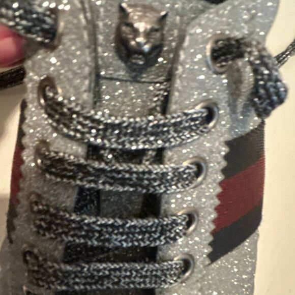 Gucci Women's 9.5 Bambi Webb Metallic Sneakers Silver Blue Red Icon Stripe Disco - Picture 7 of 16